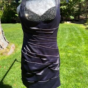 La Femme steel gray lined cocktail dress with rhinestone accents..